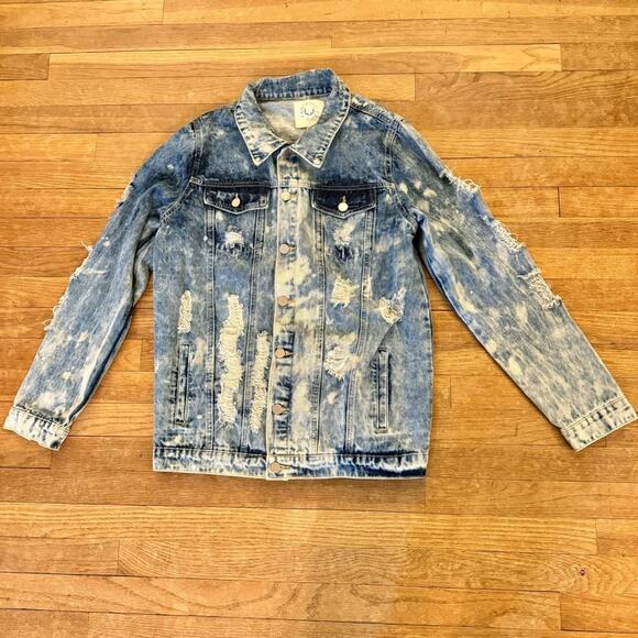 Fantastic Fawn blue white distressed denim jacket size large L 
b15 - Picture 1 of 10